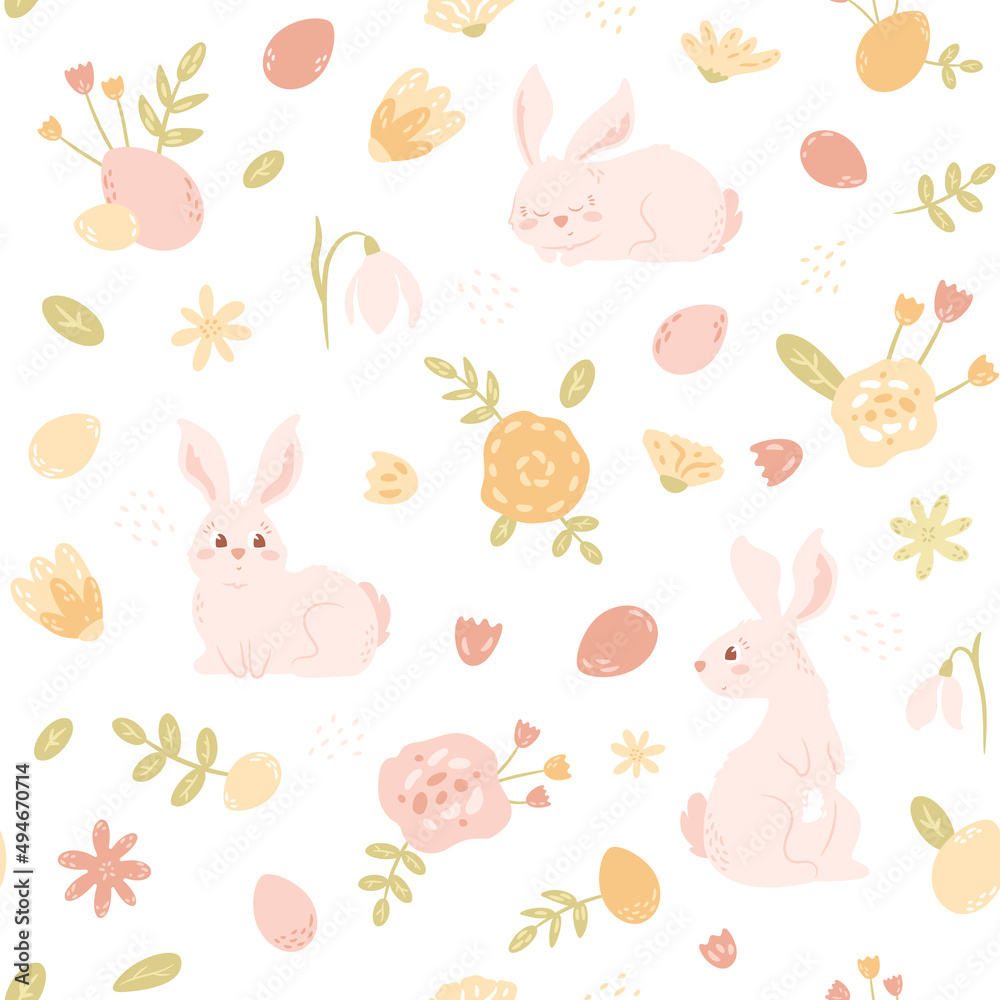 Easter seamless pattern with cute bunnies, eggs, flowers, branches and leaves in pastel colors on white background. Vector illustration with pink rabbit for holiday packaging, spring fabric, paper.
Easter seamless pattern with cute bunnies, eggs, flowers, branches and leaves in pastel colors on white background. Vector illustration with pink rabbit for holiday packaging, spring fabric, paper.