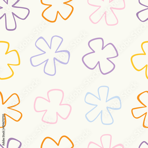Retro colored outlined petal flowers seamless repeat vector pattern