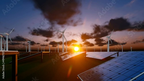 Sunset with fluffy clouds over solar panel field