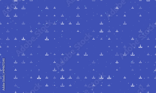 Seamless background pattern of evenly spaced white download symbols of different sizes and opacity. Vector illustration on indigo background with stars