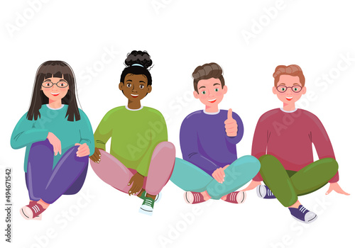 Happy Multiethnic cute kids sit side by side.Various preteen or teen kids. Active classmates or schoolchildren having fun. Flat vector illustration isolated on white