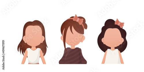 A set of little girls is depicted waist high. Isolated. Vector.