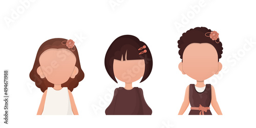 A set of little girls is depicted waist high. Isolated on white background. Vector illustration.