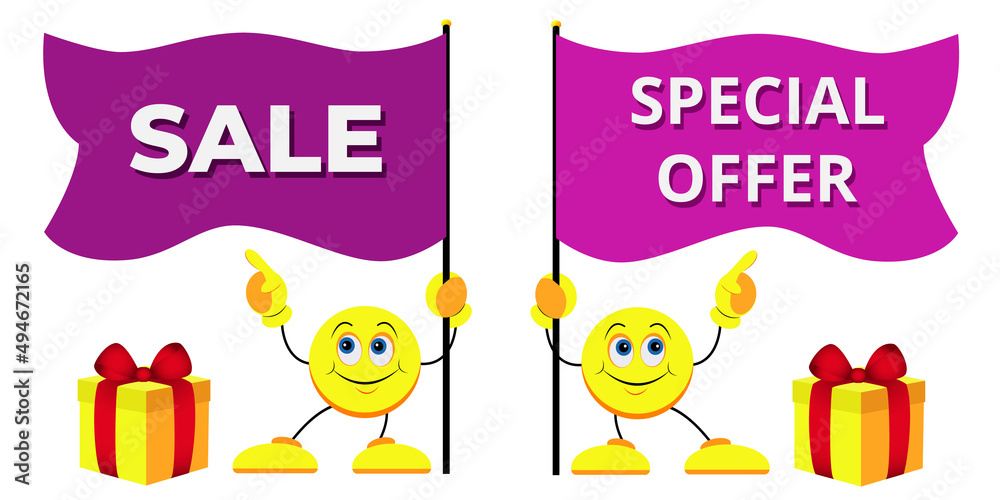 Fototapeta premium Two cartoon men, emoticons hold purple flags with the inscription SALE, SPECIAL OFFER on a white background. Sales concept for a store, website. Vector illustration.