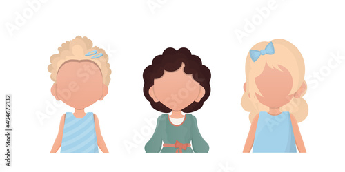 Set Little girls child is depicted waist high. Isolated. Vector illustration.