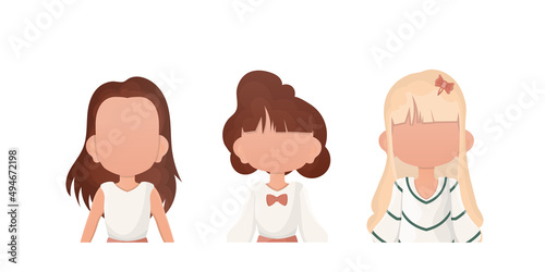 Set Little girls child is depicted waist high. Isolated on white background. Vector illustration.