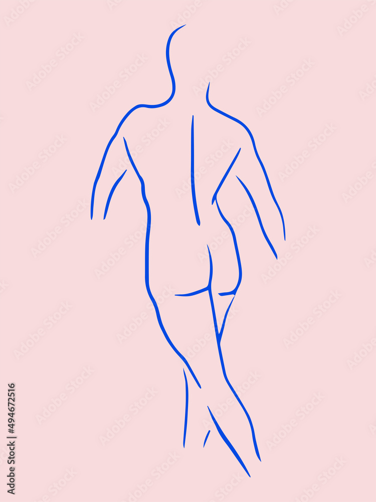 Fototapeta premium Trendy line art woman body. Minimalistic blue lines drawing. Female figure continuous line abstract drawing. Modern scandinavian design. Naked body vector illustration.