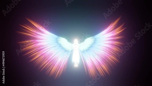 Angel spreading wings. Loop of glowing blue angel flying 3D rendering spiritual animation. photo