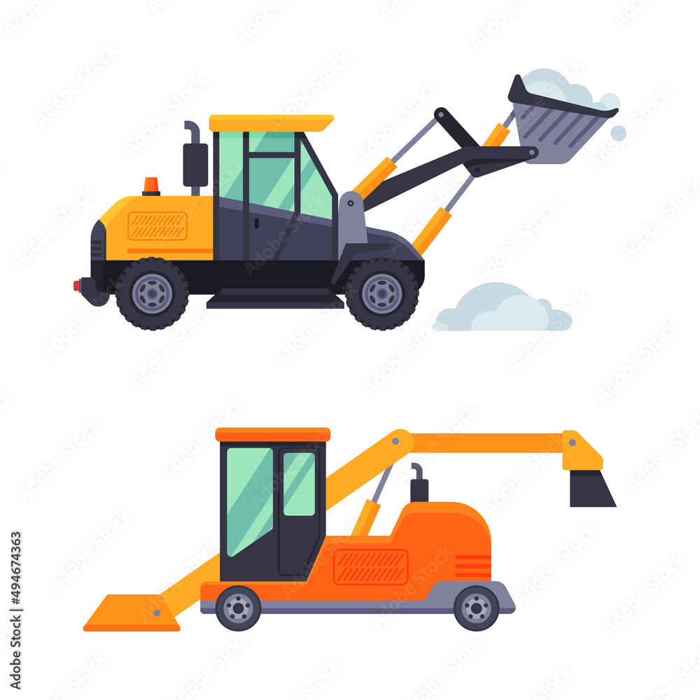 Snowplow tractors set. Professional industrial transport for road cleaning vector illustration