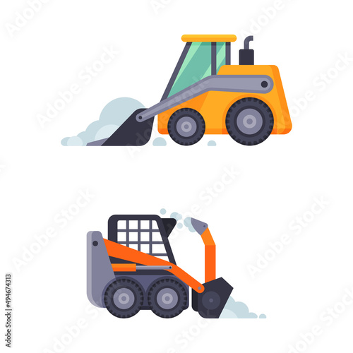 Snowplow tractors set. Road cleaning vehicles, professional industrial transport vector illustratio