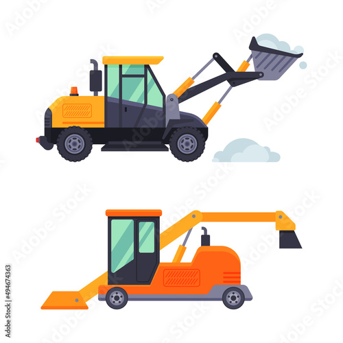 Snowplow tractors set. Professional industrial transport for road cleaning vector illustration