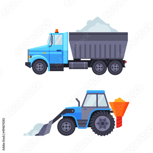 Snowplow truck and tractor set. Professional industrial transport for road cleaning vector illustration
