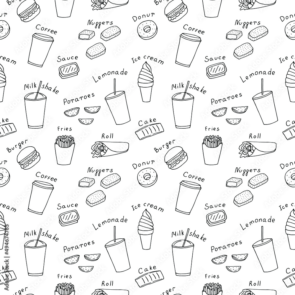 Fast food with lettering seamless pattern vector illustration, hand drawing doodles