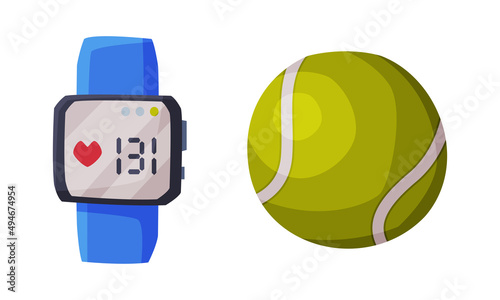 Fitness and sports equipment set. Smartwatch and tennis ball vector illustration
