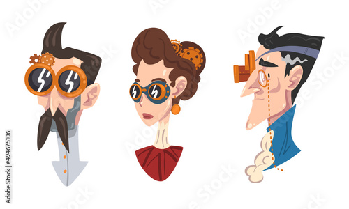 Portraits of people wearing steampunk glasses and monocle cartoon vector illustration