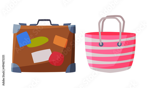 Leather suitcase with travel stickers and beach bag. Travel and summer vacation object cartoon vector illustration