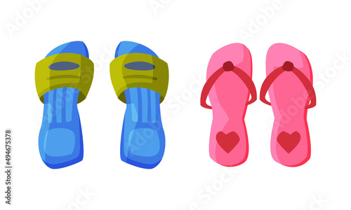 Pairs of flip flops set. Summer vacation accessories cartoon vector illustration