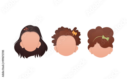 Set of baby girls faces isolated on white background. Cartoon style. Vector illustration.