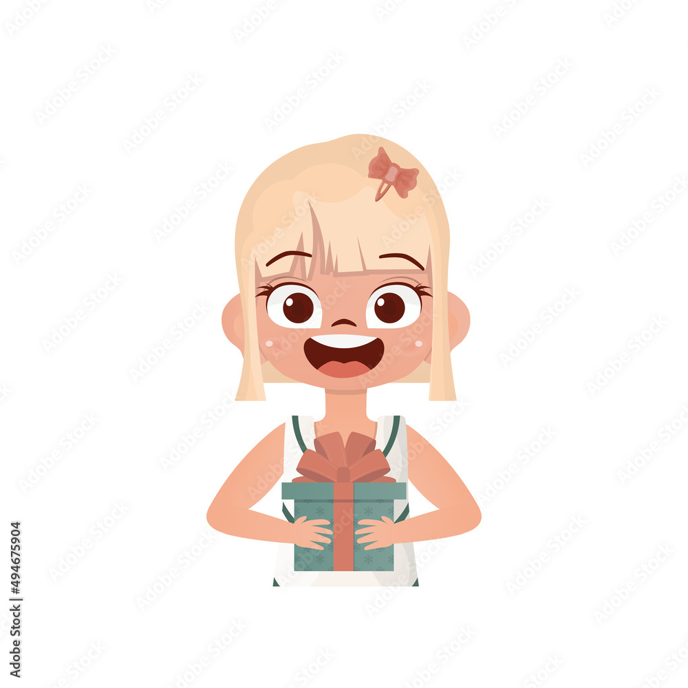 Happy baby girl holding a gift in her hands. Drawing in cartoon style. Vector. Happy baby girl holding a gift in her hands. Drawing in cartoon style. Vector.
