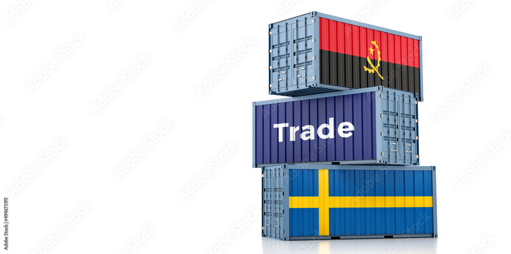 Cargo containers with Sweden and Angola national flags. 3D Rendering