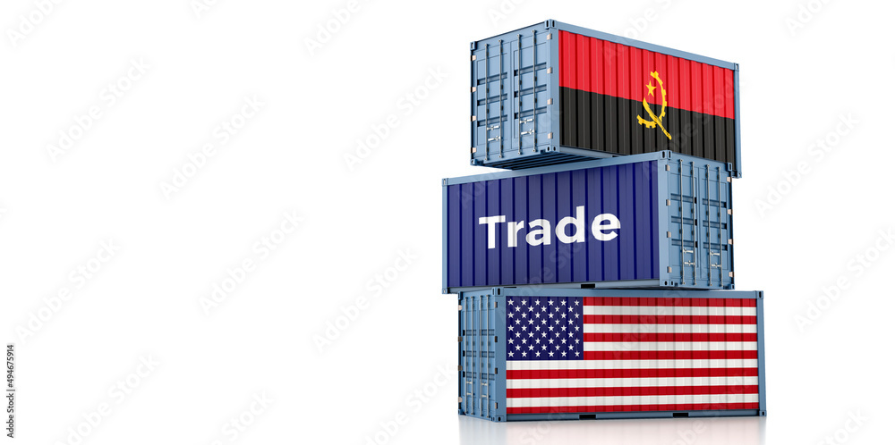 Cargo containers with USA and Angola national flags. 3D Rendering