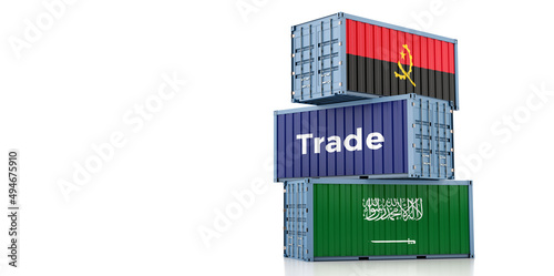 Cargo containers with Saudi Arabia and Angola national flags. 3D Rendering © Marius Faust