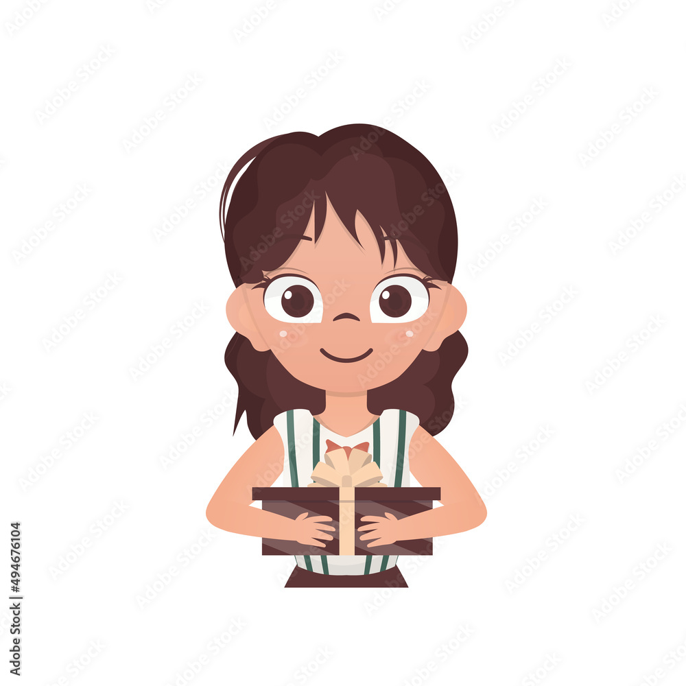 Satisfied girl holding a gift. Drawing in a flat style. Vector illustration. Satisfied girl holding a gift. Drawing in a flat style. Vector illustration.