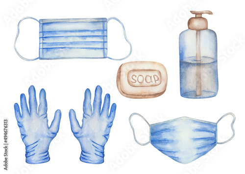 Watercolor illustration of hand painted medical blue gloves, soap, medical face mask, satinizer bottle with gel, soap, lotion. Isolated clip art of protective, hygiene products. Health care items