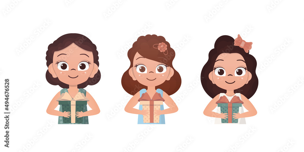 Obraz premium Set of happy girls who are holding a gift. Drawing in cartoon style. Vector illustration.
