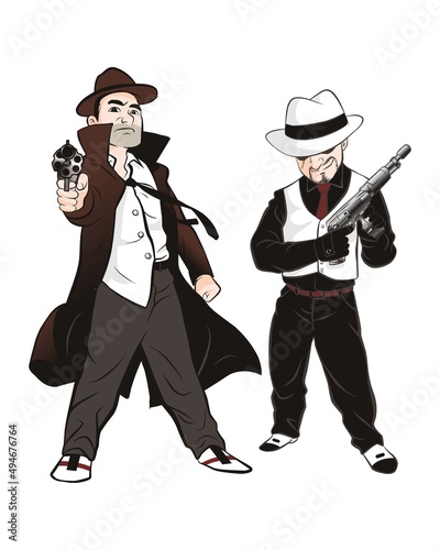 Two mafia standing on white background. wear hat and hold gun. vector illustration isolated cartoon hand drawn background	 photo