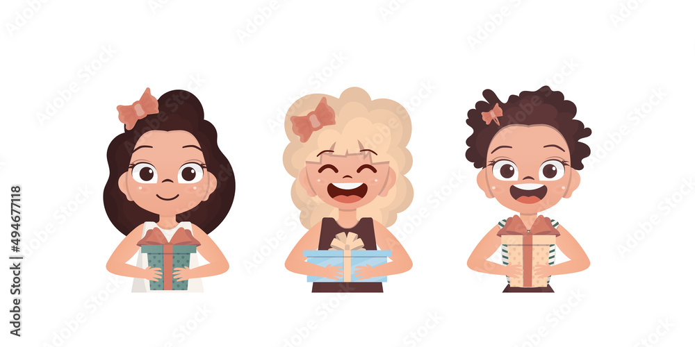 Fototapeta premium Set of joyful baby girls who are holding a gift. Drawing in cartoon style. Vector illustration.