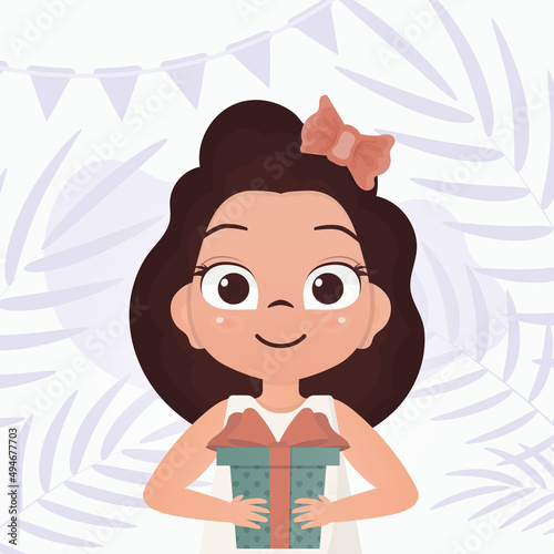 The child received a gift. Happy girls child holding a gift box with a bow. Vector.