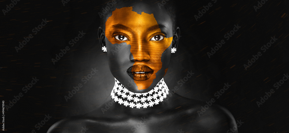 an africa symbol image on the beautiful african face of a young woman - obrazy, fototapety, plakaty 