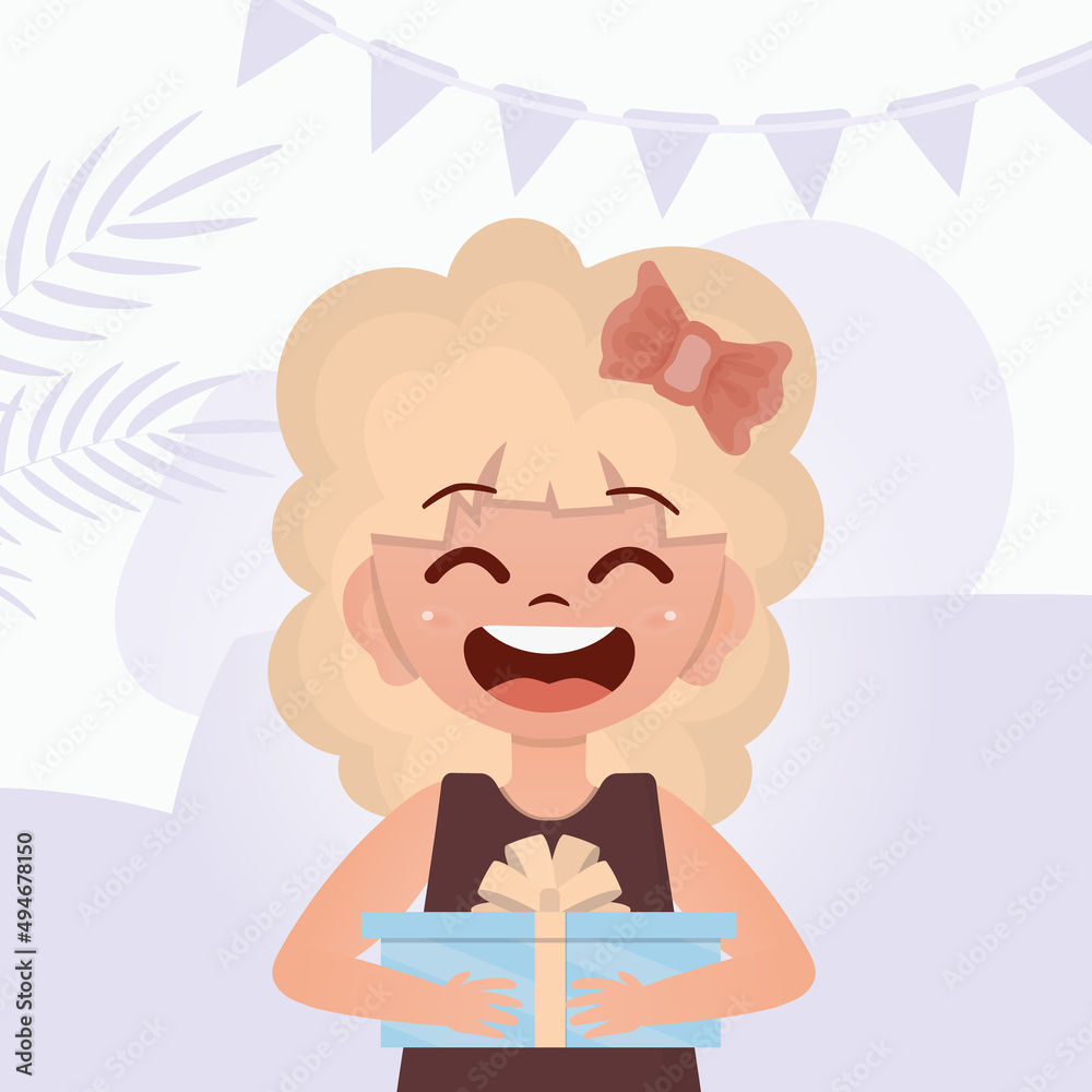 The child received a gift. Joyful girls holds a gift box with a bow in her hands. Vector. The child received a gift. Joyful girls holds a gift box with a bow in her hands. Vector.