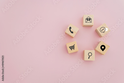 wooden cube block with buyer persona icons ,top view, for buyer persona and target customer concept. Personalized marketing. Customer analysis for marketing plan, online business strategy