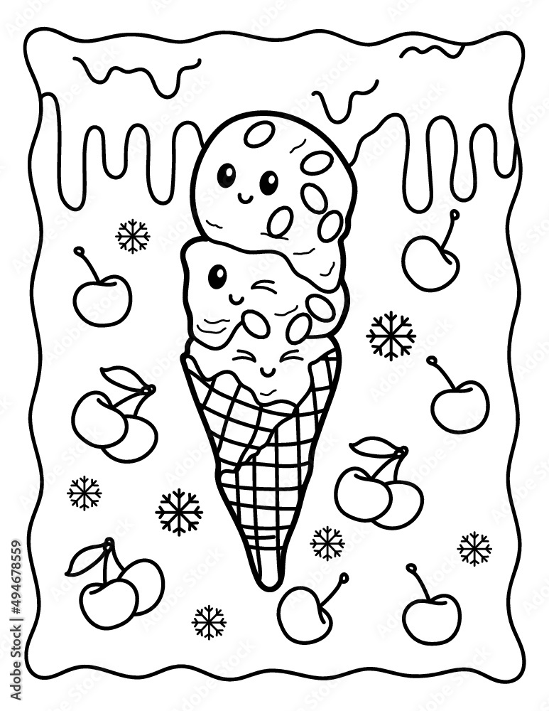Kawaii coloring page. Ice cream cone. 3 scoops of cute ice cream ...