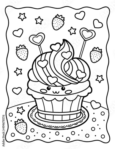 Kawaii coloring page. Sweet cute cupcake with hearts. Sweets. Coloring book. Black and white illustration.