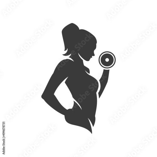 Bodybuilder logos template. Vector object or icon for sport label, gym badge, fitness logo design, emblem graphics. Sport symbol, exercise logo, woman holding weight silhouette.