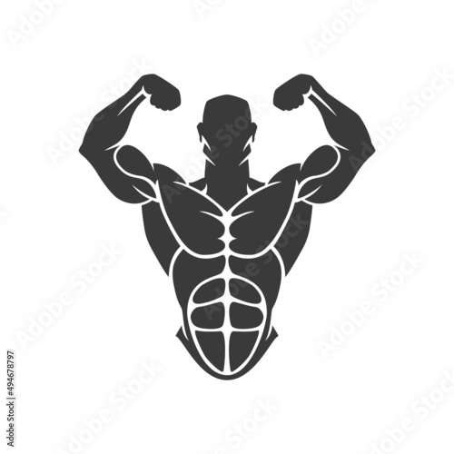 Bodybuilder logo template. Vector object or icon for sport label, gym badge, fitness logo design, emblem graphics. Sport symbol, exercise logo, man athlete silhouette.