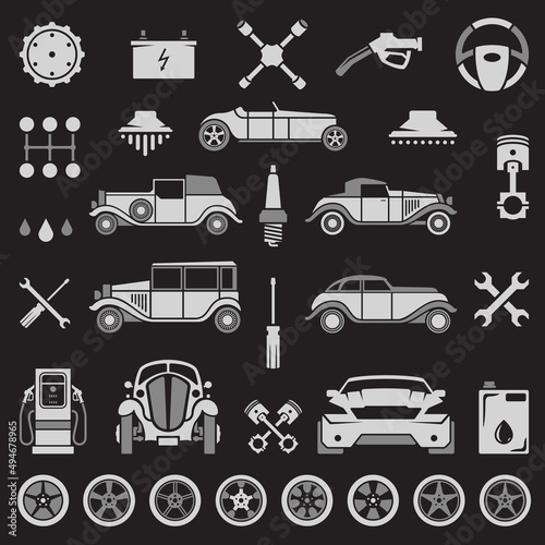 Car service vector design elements. Sport and retro cars silhouettes isolated on white background. Vector objects for labels, badges, logos design. Car wash, repairs icons, wheels and tires symbols.