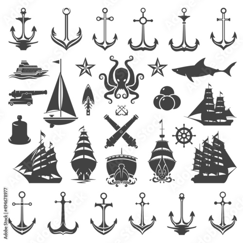 Nautical vector design elements. Anchors and ships silhouettes isolated on white background. Vector objects for labels, badges, logos design. Marine, ocean cruise icons, helm and octopus symbols.