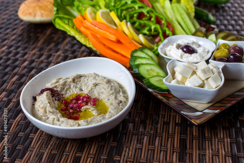 morning breakfast humus, cheese and labneh with vegetables 