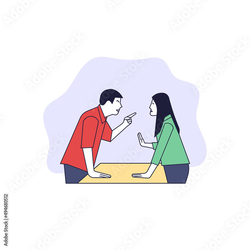 Arguing and fighting couple flat vector character illustration.