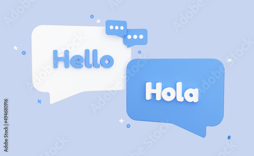 Translation concept. Hello and Hola speech bubble banner. International correspondence in English and Spanish. Online Chat. 3D Rendering photo