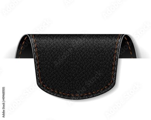 Black leather tag label. Vector realistic illustration