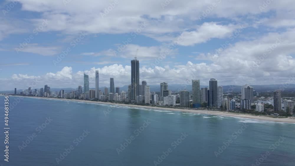 High-Rise Buildings On Beachside City Of Surfers Paradise In Gold Coast, Queensland, Australia. Aerial Wide Shot High-Rise Buildings On Beachside City Of Surfers Paradise In Gold Coast, Queensland, Australia. Aerial Wide Shot