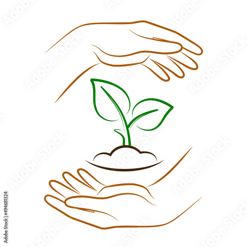 Hands holding soil with plant. Vector sign of environment protection, ecology concept symbol