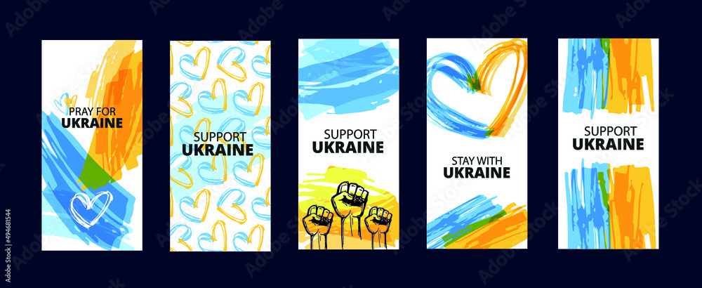 Naklejka premium Template design banner set about Ukraine. Glory of Ukraine! Support Ukraine, Ukrainian flag with a Pray for Ukraine concept icon set. Save from Russia stickers for media. Mega set.