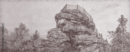 Charcoal or graphite drawing of rock of Certovy kameny in Jeseniky mountains in Czech republic.