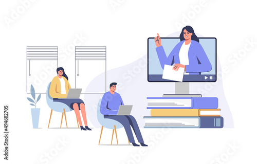Female teacher conduct lessons online. Video course, web seminar, internet class, personal teacher service for individual distant home self education.